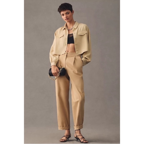 ANTHROPOLOGIE Pleated Rolled Hem Chinos Trouser Pants Tan Cedar Exquise M XL NWT - Picture 7 of 10